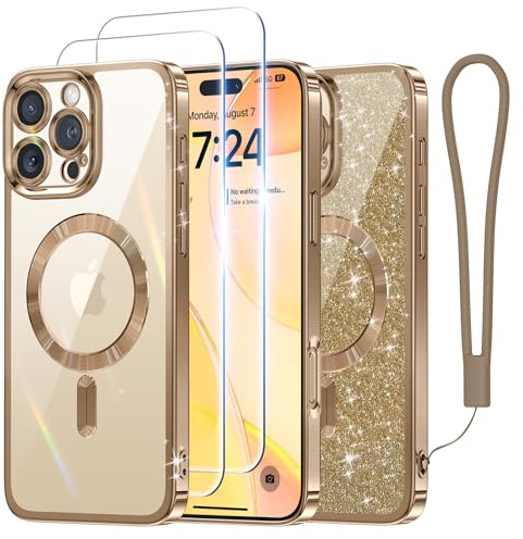 Meifigno Hülle für iPhone 16 Pro Max, [Kompatibel mit MagSafe][2 Displayschutzfolien] [Glitzerkarte & Handschlaufe] Vollständiger Kameraschutz Entwickelt für 6,9 Zoll Handyhülle, Titan Wüstensand