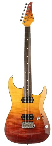 EART EYP-Elite Solid Body E-Gitarre mit geröstetem Mahagoni und Flame Ahorn, abgerundete Enden Medium Jumbo Edelstahl Bünde(Roter Burst)