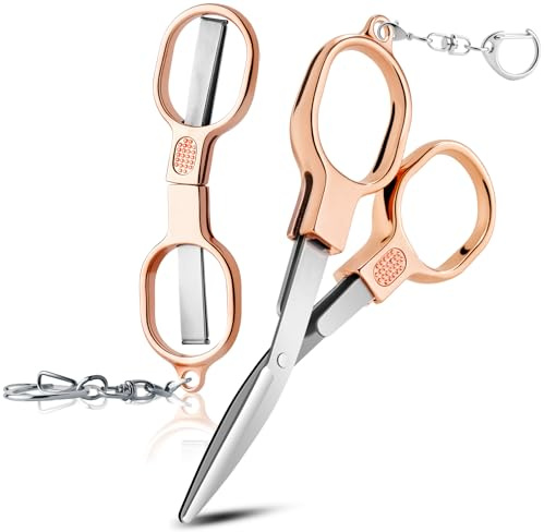 2 Pcs Folding Stainless Steel Portable Mini Small Travel Scissors, Safety Foldable Pocket Badge Nursing Scissors with 2 Keychain for Travel, Home, Office, Craft, Sewing (Rose Gold)