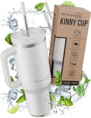 My Vesperbox Kinny Cup – Edelstahl Thermobecher mit Henkel & Strohhalm (500/950 / 1200 ml) – Isolierbecher To Go für Kaffee, Eis & Alltag – BPA-frei, Auslaufsicher, Spülmaschinenfest