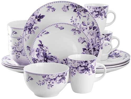 Elama Traditional Rose 16 Piece Porcelain Dinnerwar/Tableware Set, Service for 4 (Purple)