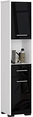 AKORD Badezimmer-Hochschrank schränke | Badezimmer kommode | B30 x H140 x T30 cm, Gewicht 25 kg | 2 Ablagen mit Türen | 1 Schublade, 1 offenes Fach | als Hängeschrank | Weiß & Schwarz Glänzend Front