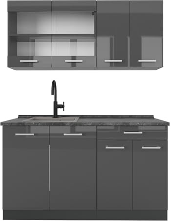 Vicco Singleküche R-Line, Anthrazit Hochglanz, 140 cm | 4 Module · Höhenverstellbare Füße · AP Anthrazit inkl. · Robuste Fronten · Mit Glasschrank · Frei kombinierbar