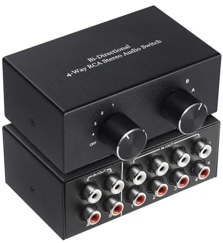 RCA L/R Audio Switcher, 4(2)-in-2(4)-Out Analogue Audio Switch, Noiseless Stereo Speaker Selector for Phono TV Headphones Soundbar PC Game, 4 Way Audio Splitter Box