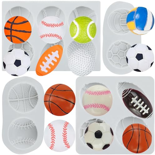 Sijiangmold Sport Ball Fondant Mould Baseball Rugby Silicone Mould Set of 4 | Basketball Tennis Volleyball Golf Football Cake Decoration Chocolate Cupcake Topper Polymer Clay Candy Gum Paste