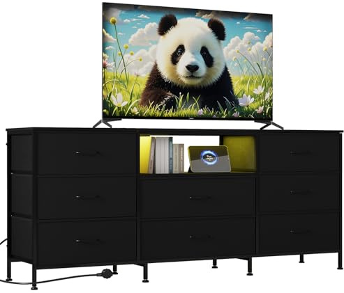63 w LED TV Stand Dresser with 8 Fabric Drawers, Dressers & Chests of Drawers TV Stand with Storage for 65, 70, 75 TV, Steel Frame & LED Lighting, Bedroom Furniture & Living Room Organizer