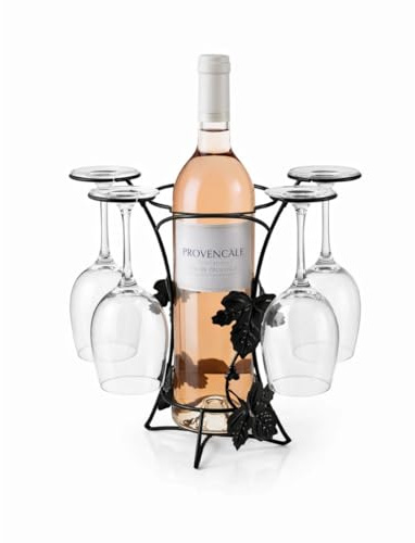 Decorative Wrought Iron Wine Bottle Holder with 4 Hanging Wine Glasses, Black Tabletop Wine Rack with Vine Leaf Detail, Freestanding Countertop Display, 25cm