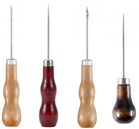 FIQLUL Juego de 4 Punzones para Cuero con Mango de Madera, Leznas de Costura Profesional para Perforar y Reparar Calzado, Bolsos y Manualidades DIY, Herramientas de Costura a Mano de Alta Precisión