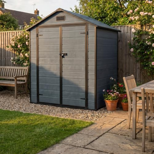 Mazovia Abri de Jardin 182x134cm Anthracite Bois Moderne Extérieur PVC | Abri de Jardin Anti-Allergène Résistant au Gel Résistant aux UV Résistant aux Intempéries Compatible Aspirateur Robot Élégant