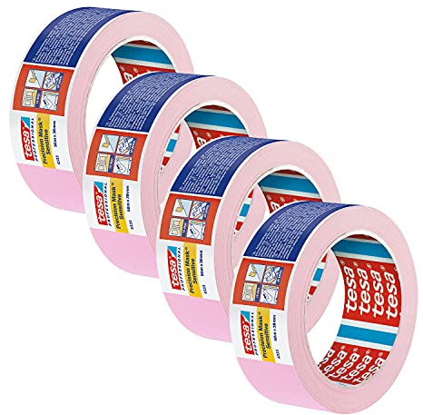 tesa Crêpe de précision 4333 Sensitiv - Pack de 4 - Crêpe de peintre pour masquer les surfaces sensibles en intérieur - ruban de peintre ultra-plat - rose clair - 50 m x 38 mm chaque