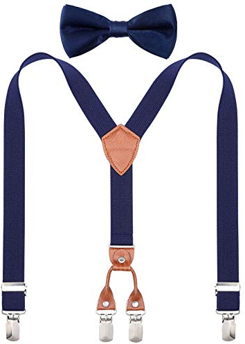 Kajeer Bretelle per bambini Bretelle Papillon - Bretelle a forma di Y e papillon Set per bambini Bretelle elastiche regolabili con 4 clip (Blu navy, 70 cm (3 anni - 8 anni))