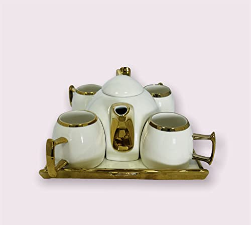 Bavary Juego de tetera para 4 personas, tazas de té con bandeja para servir, vajilla de color blanco y dorado, vajilla para té, tiempo vintage, porcelana, 100 ml, 2097