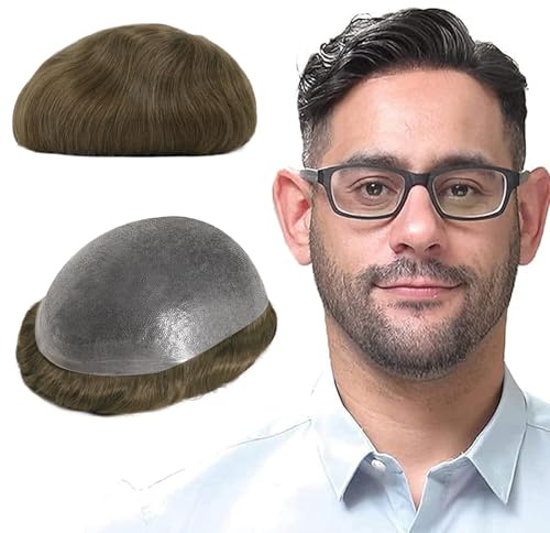 Lordhair Perücke für Herren, Toupet Herren aus natürlichem Echthaar, 0,08 mm vorn, 1/2 Zoll, V-looped Größe auf Hautbasis, superdünn, Perücke für Herren, Ersatz Haarsystem, 20 x 25 cm