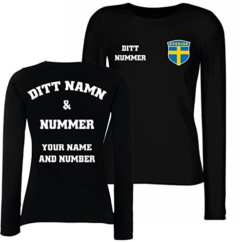 lepni.me Damen Langarm T-Shirt Schweden Fußball Trikot Ihr Name und Nummer Schwedische Flagge Abzeichen Personalisierte Custom Top WM 2022 (M Schwarz Mehrfarben)