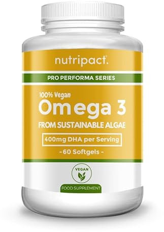 Nutripact Vegan Omega 3 Softgels from Sustainable Algae Oil with Vitamin E - 1000mg Algae per Serving - High Strength 400mg DHA Supplement – 60 Capsules - Alternative to Fish Oil