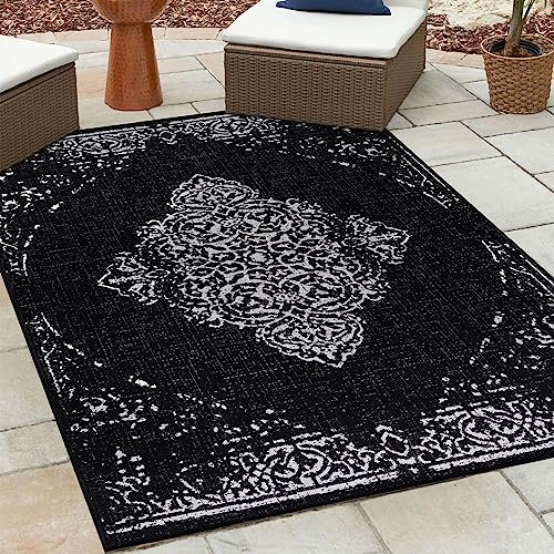 HomebyHome Outdoor Teppich Wetterfest 120x170 cm Sisal Optik Vintage Design Rechteckig Schwarz - Balkon Teppich Wasserfest Küchenteppich - Für Garten, Terasse, Camping, Außenbereich Teppich