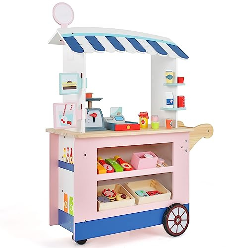 COSTWAY Kids Food Cart, Wooden Grocery Store Playset with POS Machine, Lovely Scale, Beverage Rack & Wheels, Role Play Shop Trolley for Kids Over 3 Years Old (Pink)