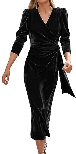 Tomwell Damen Abendkleid Winterkleid Langarm Festlich Kleid Damen Elegant Bodycon Weihnachtskleid V-Ausschnitt Sexy Langes Partykleid Samtkleid A Schwarz XL