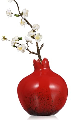 HOMSFOU Ceramic Pomegranate Ornament - Red Decorative Fruit Vase for Tabletop Home Decor, for Flower Arrangement