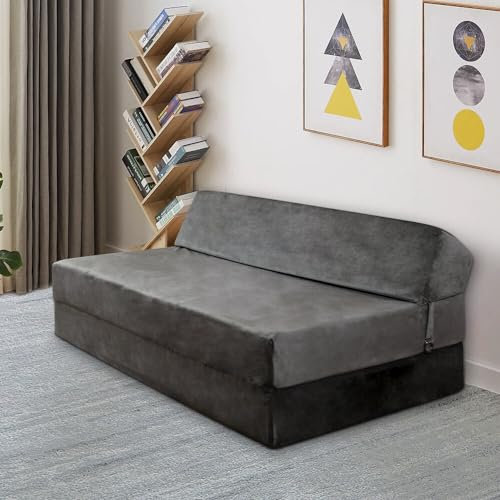 Panana Lightweight and Comfy Lazy Z Bed Deluxe Futon Fold Out Sofa For Adults Kids Children Double Folding Mattress Sleepover Chair Living Room Bedroom Toddler Furniture (Grey, Double)