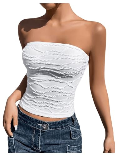 GORGLITTER Bandeau Top Damen Sommer Crop Top Schulterfrei Strick Oberteil Tube Top Y2k Trägerloses Top Weiß S