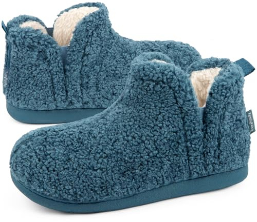 FamilyFairy Women's Memory Foam Boots Slippers Warm Shearling Bootie Soft Plush Fleece Comfy House Shoes Outdoor Indoor Rubber Sole Blue, 5-6