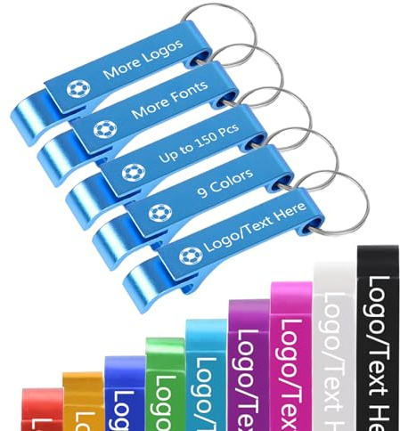 Bis zu 150 Stück Personalisierte Flaschenöffner Schlüsselanhänger Bier Dosenöffner mit Logo Text Name Benutzerdefinierte Party Hochzeit Gefälligkeiten Bulk Himmelblau