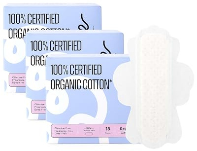 100% Organic Pads for Women 54ct, Ultra Thin Unscented Feminine Period-Pads with Wing, Regular Absorbency Sanitary Pad, Organic Cotton Pad Menstrual (Regular, Size 3, 54 Count)
