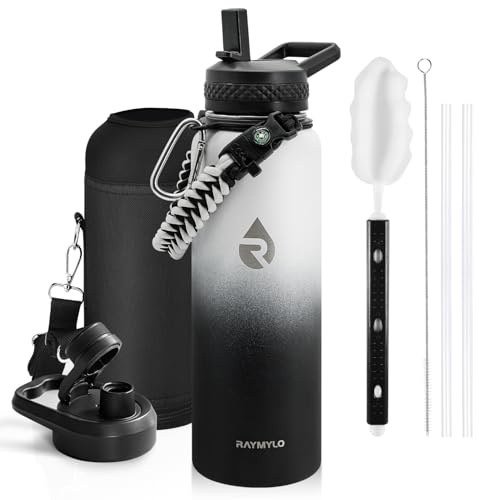 RAYMYLO Botella de agua aislada de 40 onzas, acero inoxidable al vacío de triple pared (fría durante 48 horas), a prueba de fugas y sin BPA, jarra de agua moderna con mango de paracaídas y tapas de