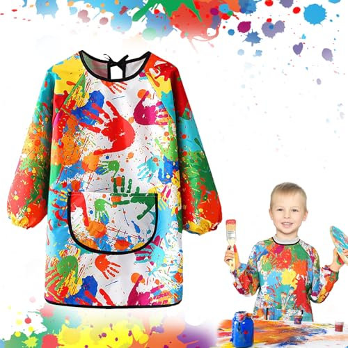 Roontin Malkittel Kinder – Wasserdichte Malschürze Kinder mit Ärmeln, Malerkittel Kind 7-12 Jahre für Mädchen & Jungen, Tuschkittel, Bastelschürze mit Big Taschen für Schule, Kunst, Malerei & Kochen