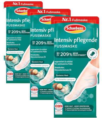 Schaebens Intensiv pflegende Fußmaske (2 Socken für 1 Anwendung) regeneriert & schützt mit Sheabutter, Macadamainuss-Öl für alle Hauttypen (Packung mit 3)