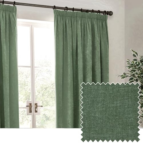 Yard Heavy Chenille Bleistiftfalz Vorhang Paar – Linie Raum Dunkelung Weiches Samt Vorhänge (Eukalyptus – Breite 168 x Länge 183cm)