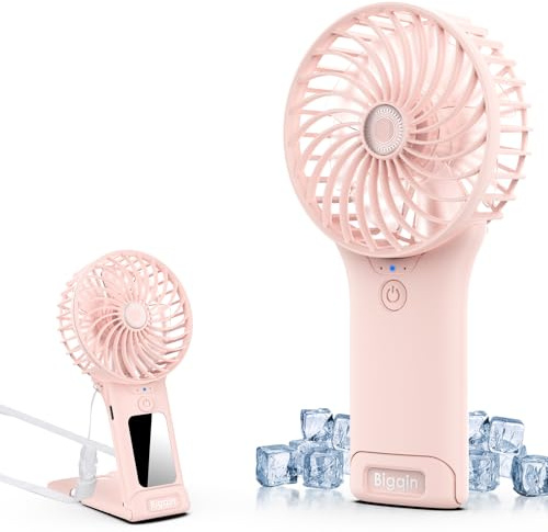 Bigqin Handventilator, 2000mAh Mini Hand Ventilator Fan Lüfter mit 4 Geschwindigkeiten, tragbarer USB Handheld Ventilator mit Spiegel und Schlüsselband für Outdoor, Reisen, Camping - Rosa