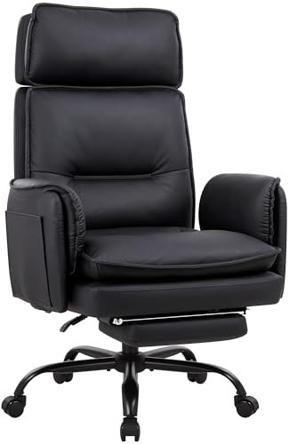 IWMH Ergonomischer Bürostuhl 227kg, XXL Kunstleder Chefsessel mit Fußstütze Schreibtischstuhl mit höhenverstellbare Kopfstütze,135° Neigefunktion,Drehstuhl Wippfunktion für Homeoffice,Gaming (Schwarz)