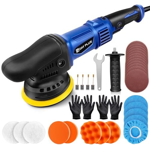 Electric DA Polisher Machine,920W Car Buffer for Detailing/Polishing/Waxing,6-Speed Variable,12mm Eccentricity - Includes Buffing Pads,Sandpapers,Handle,Gloves,Non-Woven Bonnets,Carbon Brush,Wrench