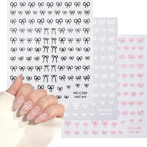 Canollo 3 Blätter Schleifen Nagelsticker, 3D Selbstklebende Nail Sticker, Nail Art Stickers, Nagelaufkleber Dekoration, Weiß Schwarz Rosa Schleife Sticker, Nageldesign Zubehör, Nagel Stickers
