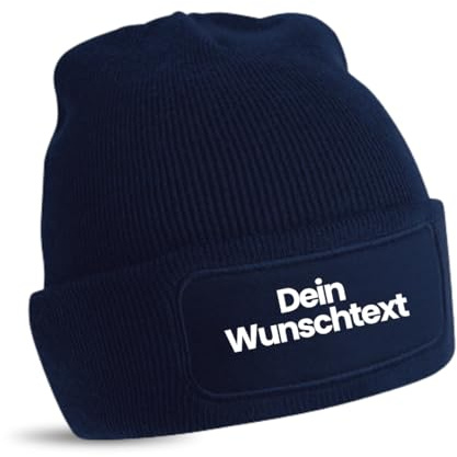 FLOCKex* personalisierte Beanie Mütze Bedruckt mit Wunschtext | warme Soft-Touch Wintermütze aus doppellagigem Strick mit Twill-Patch | individueller Schutz vor Nässe und Kälte | French Navy