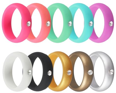 YELARXI Silicone Rings with Rhinestone, Rubber Wedding Band, Men's and Women's Engagement Rings