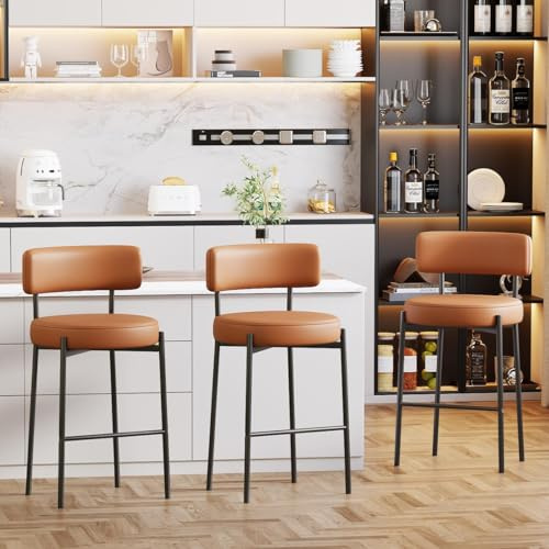 Ckaff Set di 3 Sgabelli da Bar, Sgabelli da Bar Alti in PU Pelle, Sedie da Cucina con Schienale e Poggiapiedi, Seduta alta 63,5cm per Bar, Caffè, Penisola della Cucina, Marrone