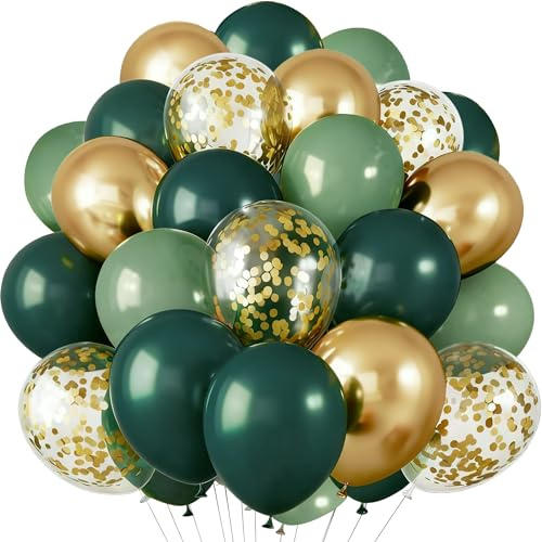Green and Gold Balloons, 60pcs Dark Green Metallic Gold Latex Balloon Set with Golden Confetti Balloons, Sage Jungle Theme Party Balloon Decoration for Birthday Christening Anniversary Baby Shower
