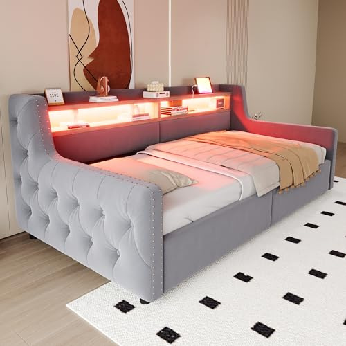 Dolamaní Polsterbett Schlafsofa 90x200 mit LED-Beleuchtung, Daybett Tagesbett Mit hydraulischem Stauraum, Kinderbett Jugendzimmer Einzelbett mit Lattenros, Samt ohne Matratze (Hellgrau)