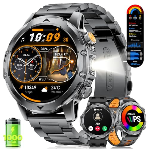 FITFLEX Montre Connectée Homme avec Appel Bluetooth, 1.53 HD Smartwatch avec Batterie 1000 mAh(60+Standby Zeit)/Lampe de Poche/120+ Sportifs/Sommeil, IP68, Fitness Montre Connecté iOS Android
