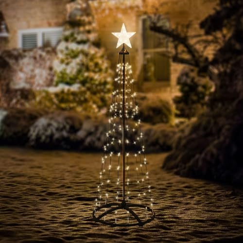 ECD Germany LED Weihnachtsbaum Außen 150 cm 154LED Warmweiß, 9 Modi, Timer, Dimmbar, inkl. Stern, Fernbedienung, Beleuchteter Tannenbaum Weihnachtsdeko Metall Lichterpyramide Lichterbaum Lichterkette