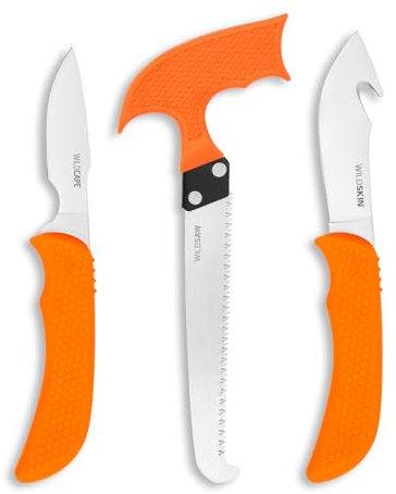 OUTDOOR EDGE WildGuide 4-Piece Hunting Knife Set & Field Dressing Kit | Featuring Razor-Sharp Caping Blade, Gut-Hook Skinning Knife, Bone Saw, in a Camo Nylon Belt Sheath | Butcher Knife Set for Deer