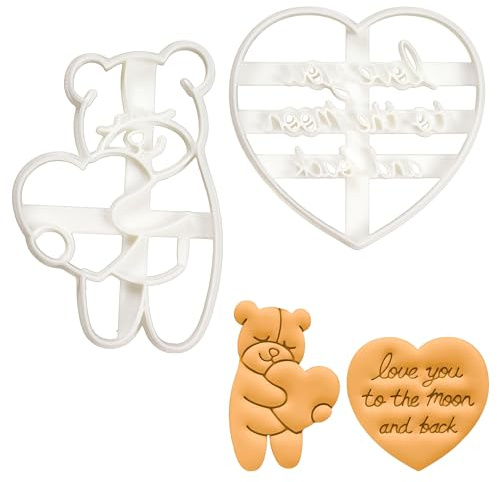 BAKERLOGY Love You to The Moon and Back in Cursive and Cute Bear Hugging a Heart Cookie Cutters - Detailed Biscuit Cutter Design for Baking and Crafts, Ideal on Fondant, Dough, Clay