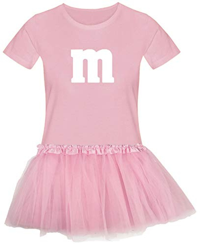 T-Shirt M&M + Tüllrock Karneval Gruppenkostüm Schokolinse 11 Farben Damen XS-3XL Fasching Verkleidung M's Fans Tanzgruppe, Größenauswahl:S, Farbauswahl:rosa - Logo Weiss (+Tütü rosa)
