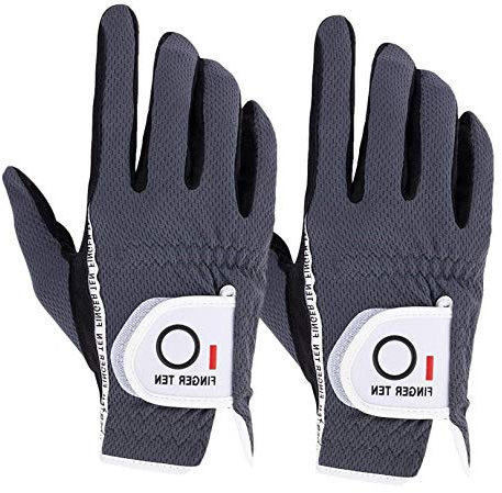 FINGER TEN Lot de 2 gants de golf pour homme droitier - Gants de golf résistants à l'usure et antidérapants - Gris - Flexible et durable (gris, M/L, portés à la main droite)