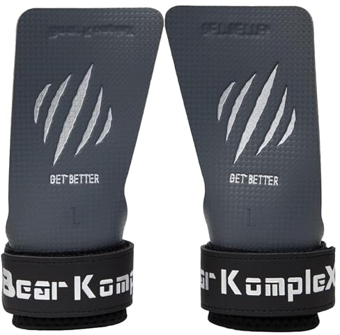 Bear KompleX - Premium Hand Grips for Fitness & Gymnastics, No-Slip Pull Up Grips for Weight Lifting, Strength Training & Bar Work, Palm Protection with Padded Wrists, Carbon No-Hole Design - Large