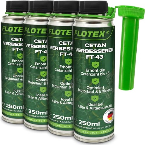 Flotex Cetan Verbesserer FT-43 4 x 250 ml | Diesel Cetan Booster & Dieseladditiv zur Erhöhung der Cetanzahl um bis zu 5 Punkte | Für ruhigeren Motorlauf, bessere Zündwilligkeit & Kaltstart