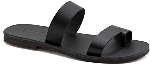 44 Schwarz Emmanuela Griechische handgefertigte Ledersandalen, hochwertige Slide Sandalen, Sommerschuhe für Herren, Zehenring Sandalen, Slide Sandalen für Herren